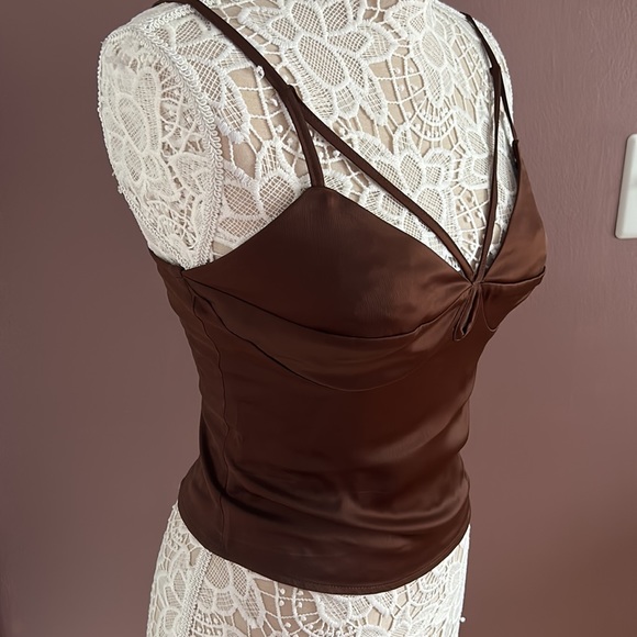 F21 Brown Satin Cut Out Tank Top - Picture 6 of 7